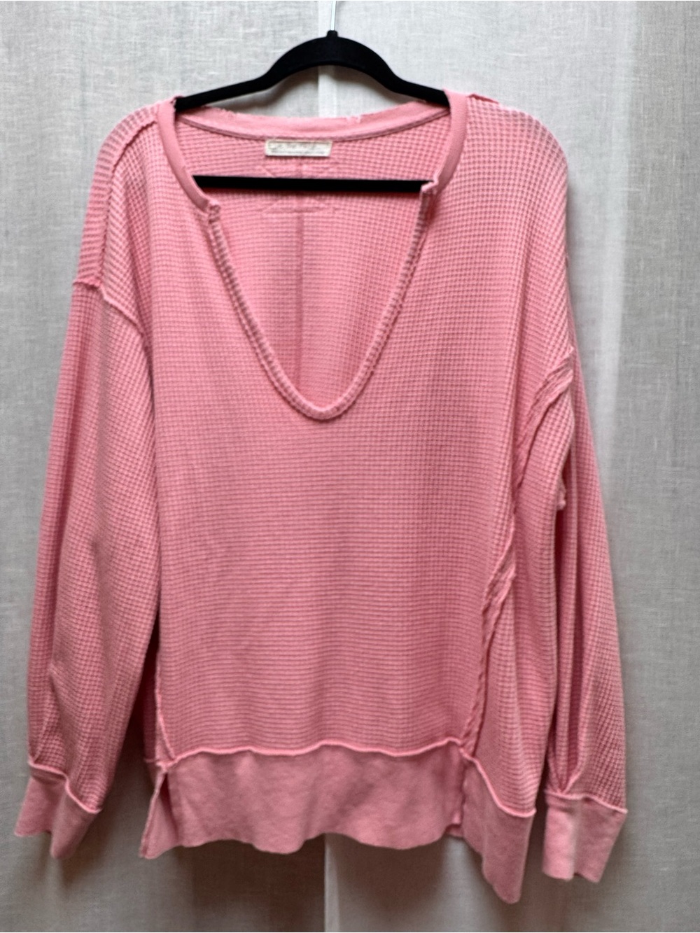 We The Free Pink Waffle-Knit V-Neck Pullover